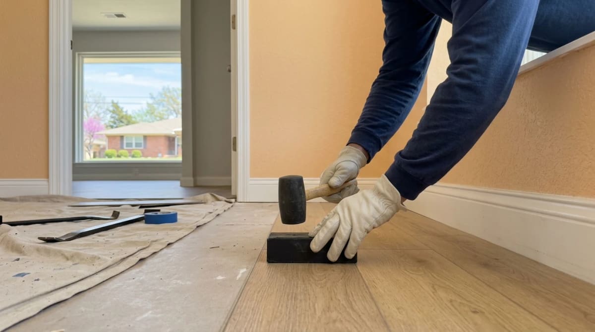 Tapping a new floor plank into place